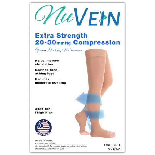 Image of NuVein Medical Compression Stockings, 20-30 mmHg Support, Soft Comfort Microfiber, Thigh Length, Open Toe, Black, Small