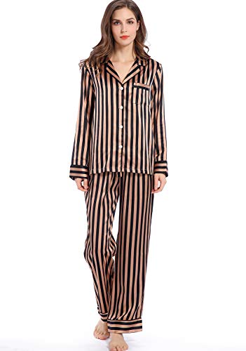 Image of Serenedelicacy Women's Satin Pajama Set Long Sleeve Button Down Sleepwear 2-Piece Silky Pj Set