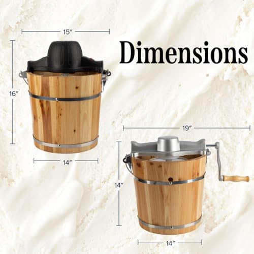 Electric Ice Cream Maker Machine - 4 Quart Old Fashioned Icecream Maker with Hand Crank and Electric Paddle - Pine Wood Bucket Ice Cream Machine for Frozen Yogurt, Gelato, Sorbet by Classic Cuisine