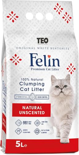 Teo Premium Pet Supplies Felin Cat Litter Clumping 100% Natural Bentonite, Clumping 99.5% Dust Free, Forever Fresh, Pet-Friendly, Fighting with Odors Natural/Odorless Scented (5 L)
