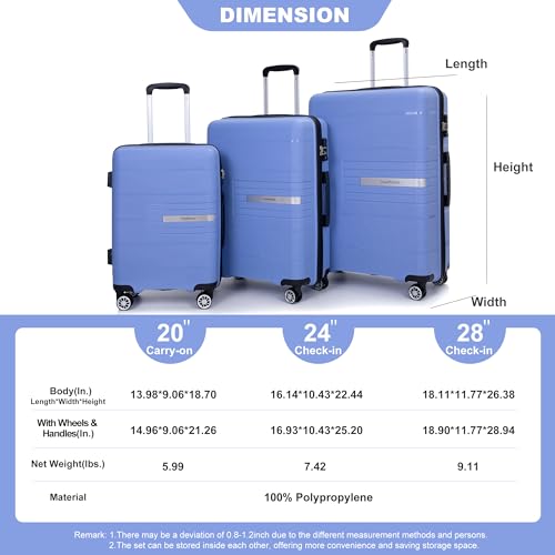 Hardshell Suitcase Double Spinner Wheels Luggage Sets Lightweight Durable Suitcase with TSA Lock,3-Piece Set (20/24/28), Purplish Blue3