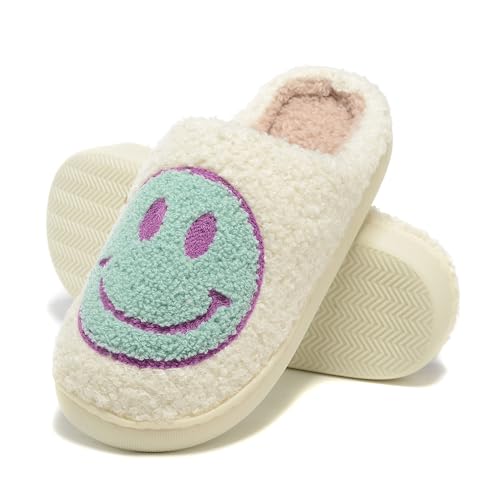 LIONPARK Retro Fuzzy Happy Face Slippers for Women Men Soft Fluffy Warm Non-Slip Happy Face Design Indoor Outdoor Anti-Skid Memory Foam Slides Purple
