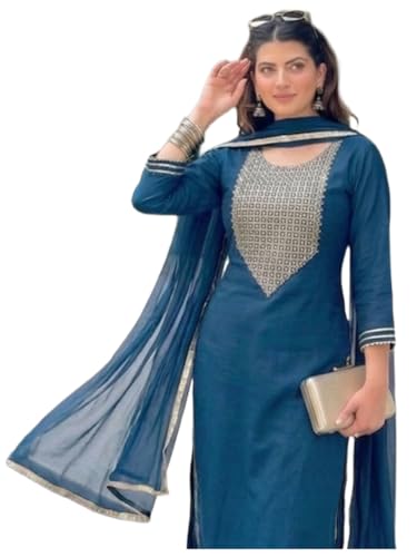 Image of GoSriKi Kurta Set Women Viscose Embroidered | Kurti Set Woman | Kurta Palazzo Dupatta 3 Piece Outfit | Round Neck 3 /4 Sleeve Straight Fit Ethnic Wear Ladies Dress Stylish Traditional Clothing