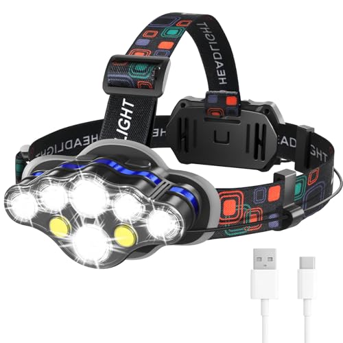 MIOISY Headlamp Rechargeable, 8 LED Super Bright Head Lamp with White Red Light, IPX4 Waterproof Head Lights for Forehead, 8 Modes Headlight Flashlight for Outdoor Hiking Running Fishing Camping