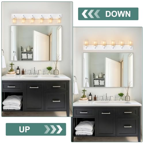 Image of IZORRO Bathroom Light Fixture White, Clear Glass Shade 46-Inch 6-Light