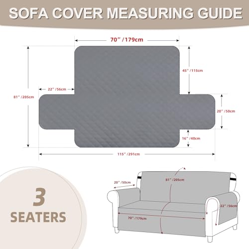 FIGOOO wasserdichte Sofabezug 3 Sitzer Dicke Sofaschoner Wasserdicht Gesteppte Sofa Überzug mit Seitentaschen Sofaüberwurf rutschfest Kratzfest für Haustiere Hunde Katzen,Dunkelgrau