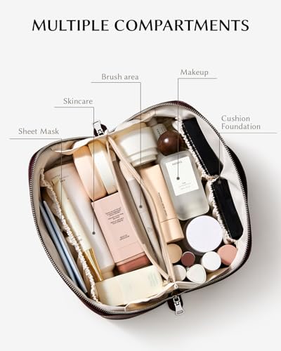 Image of EACHY Travel Makeup Bag, Lychee Leather Large Capacity Cosmetic Bag for Women, Open Flat Toiletry Bag with TPU Brush Compartment, Waterproof Skincare Organizer Travel Essentials