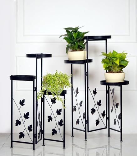 Image of Set of 2 Black (3-Tier) Metal Planter Stands for Living Room with Foldable Design | Pot Stand for Indoor Plants (Size- 30 & 36 Inch) - [Plants are not Included]
