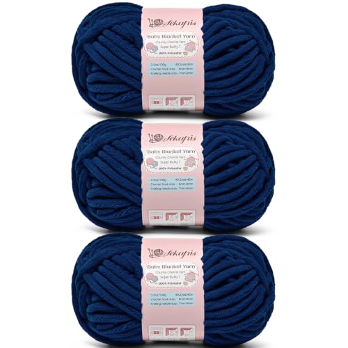 Image of 10.58 oz /147.6 yds Chunky Chenille Yarn for Crocheting, #7 Super Bulky Baby Blanket Yarn for Crocheting Soft, Fluffy Velvet Yarn for Knitting, Amigurumi Crochet Yarn for Crafts (3 Navy Blue)