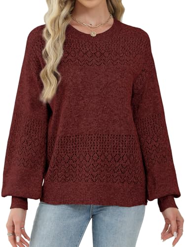 Image of Lylinan Womens Sweaters Casual Boho Long Sleeve Shirts Crewneck Lightweight Crochet Tops Pullover Knit Sweater