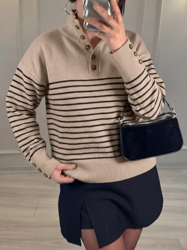ANRABESS Women's Long Sleeve Striped Henley Fall Sweater | Turtle Neck Button Placket, Soft Pullover Top, Loose Fit, Trendy Business Casual Work Wear,Fall Fashion Winter Clothing — view 6
