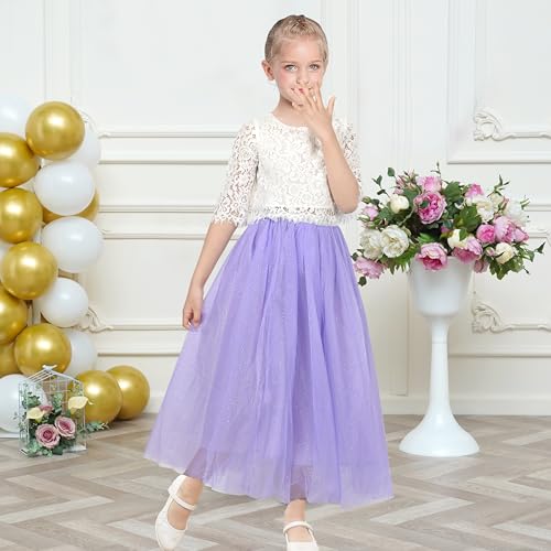 Image of Sunny Fashion Girls Dress 2PC Set White Floral Lace Glitter Tulle Skirt 3 /4 Sleeve