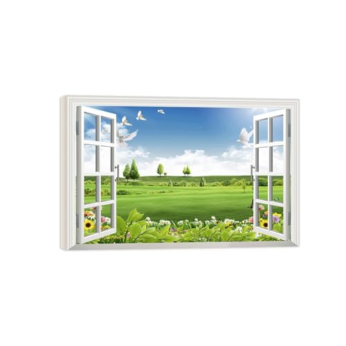 Impression sur toile fenêtre vue sur une prairie céleste pour chambre