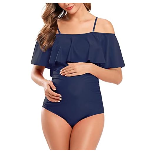 SHEKINI Womens Off-Shoulder Maternity Swimsuits Ruffle Pregnancy One Piece Bathing Suit (Deep Blue, Large)