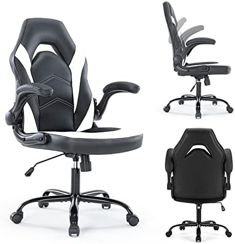 Gaming Chair - Ergonomic Office Chairs Flip-up Armrest and Height Adjustable Desk Splicing PU Leather Computer Chair with Lumbar Support