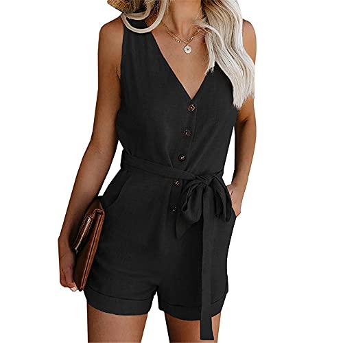 Qichenx Damen Jumpsuit Ärmellos High Waist Kurz Overall elegant Hosenanzug Frauen Blumen Drucken Playsuit Sommer Strand Beachwear Romper (Schwarz, M) Cover