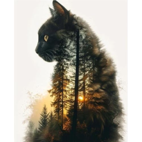 Image of Clendo Forest Cat Paint by Numbers for Adults, Painting by Numbers Kit on Canvas for Beginners, Adults' Paint-by-Number Kits Oil Painting Kits for Gift Home Wall Decor 16x20 Inch