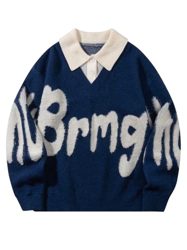Floerns Men's Letter Knitted Long Sleeve Sweaters Collared Neck Loose Pullover Tops