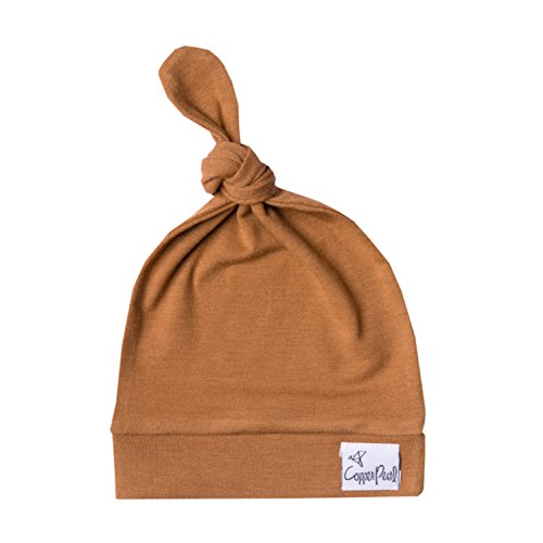 Image of Copper Pearl Baby Beanie Hat Top Knot Stretchy Soft Camel