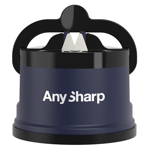AnySharp Afilador de Cuchillos, Seguridad sin Manos, Ventosa, Afila con Seguridad Todos los Cuchillos de Cocina, Ideal para Acero Endurecido y Dentados, El Mejor del Mundo, Compacto, Azul Marino