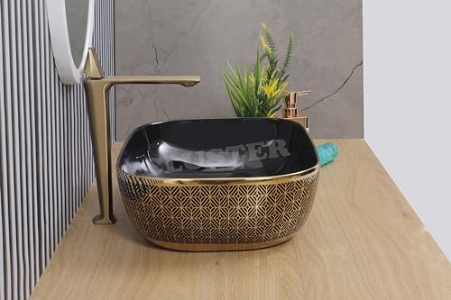 Image of CLUSTER Designer Glossy Ceramic Table Top | Wash Basin For Bathroom And Livingroom And Resturant Decor, Black And Golden, 18x13x5 Inch