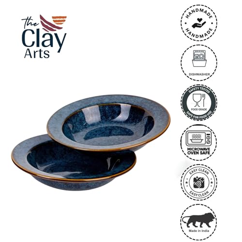 Image of Premium Pasta Plates, Ceramic Plates for Pasta, Small, Round & Deep Dish, Microwave & Dishwasher Safe, Handmade Stoneware, Elegant Tableware, Rustic Blue, 7 Inch, Set of 2