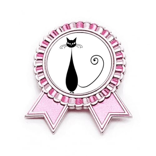 Broche rose et chat noir, accessoire métal taille M pour veste