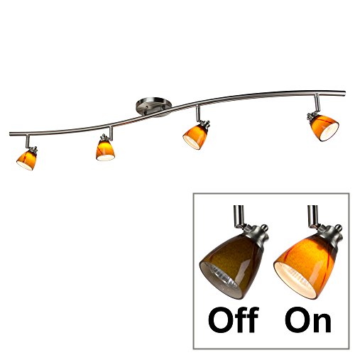 Direct-Lighting 4 Light Adjustable Track Light, Brushed Steel Finish, Amber Glass Shade, Ready to Install, Bulb Included, D268-44C-BS-AMS