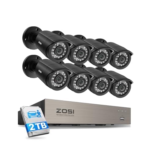 ZOSI Verkabelt 1080P Video Überwachungskamera Set Aussen, 8CH H.265+ DVR, 8X 2MP Outdoor Kamera mit BNC Kabel, Personen- und Fahrzeugerkennung, 2TB HDD