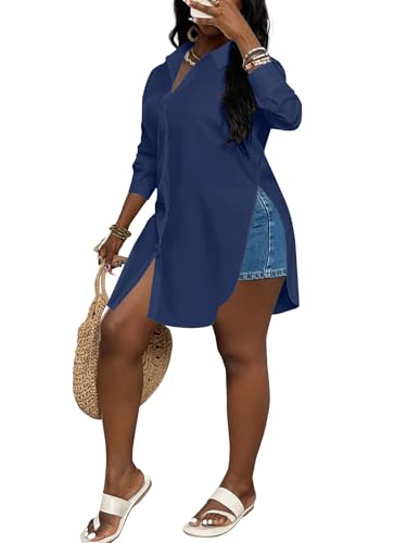 Image of LYANER Women's Collar Neck Long Sleeve Button Down Shirts Sexy Split Hem Tops Long Blouse Shirt Dress