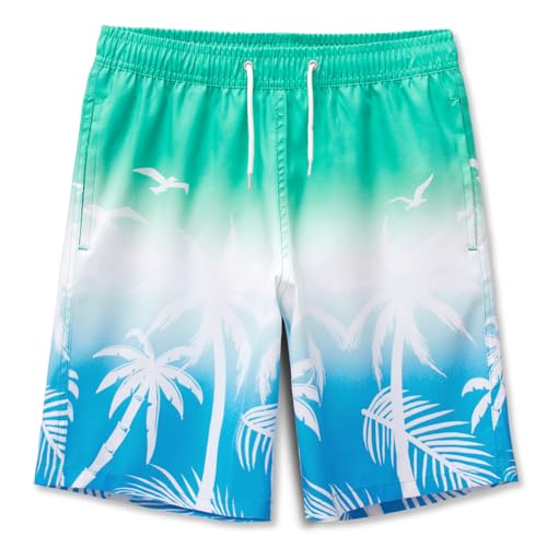 MEILONGER Boys Swim Trunks Quick Dry Beach Board Shorts Swimwear Bathing Suits Size 6-7,8,10-12,14-16,18-20，Green White Blue(Coco)-14-16