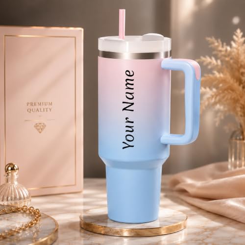 Image of WEZOSHINET Personalized 40oz / 1200ml Insulated Tumbler with Handle and Straw, Stainless Steel Travel Cup, Reusable Water Bottle with Leak-Resistant Lid, Cup Holder for Car, Office, Gym & Outdoor