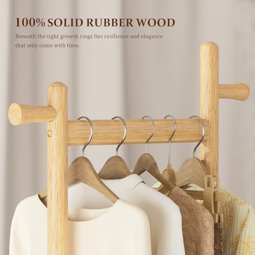 Solid Wood Coat Rack Freestanding Clothing Rack with Wheels & 2 Shelves Storage & 5 Hooks Heavy Duty Clothes Rack Wood Coat Tree Stand Hat Hanger Rack for Corner Bedroom Entryway Living Room Hotel