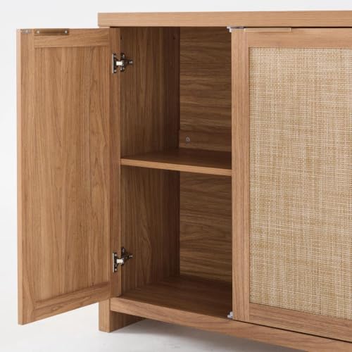Image of OAKHAM HOME Rattan Sideboard Cabinet with Storage, Natural Oak, Set of 2 | Buffet Cabinet with 2 Soft-Close Doors, Adjustable Shelves and 110 lbs Top, For Living Room, Kitchen, Entryway