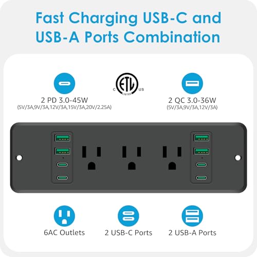 HHSOET 6 Outlets Recessed Power Strip, 45W USB C Ports, Black, 6FT, 2 by HHSOET - Used condition - Image 2