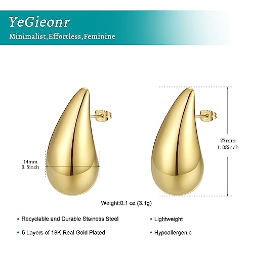 Yegieonr Chunky Gold Hoop Earrings For Women, Lightweight Stainless Steel Hollow Long Waterdrop Hoops With 18K Real Gold Plated, Hypoallergenic Earrings Trendy Jewelry For Women Girls #TOP4