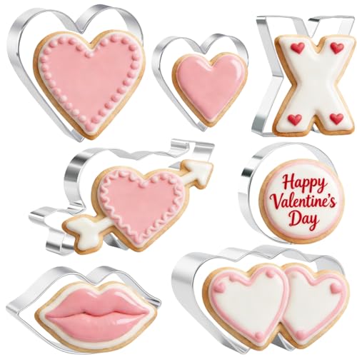 Valentine's Day Cookie Cutter Set - 7 Piece Stainless Steel Cookie Cutters Mold, Lips, Heart with Arrow, Double Heart, X and O for Couple Party Dating