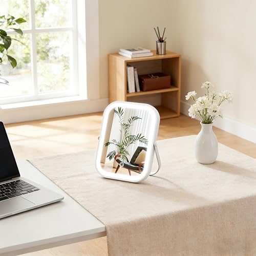 Image of ROLOVE Rechargeable Makeup Mirror, 6x8 Inch Portable Vanity Mirror with Lights, 3-Color Dimmable LED Lighting, Tabletop Mirror, Travel Essentials