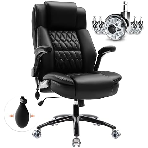 HAMAOKA Large High Back Office Chair - Adjustable Lumbar Support, Flip Up Arms, Heavy Duty Metal Base, Breathable Bonded Leather, 2 Storage Bags, Black Cover