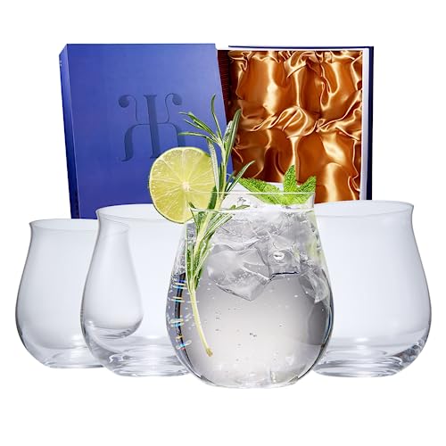 Gin & Tonic Balloon Glasses, Vintage Design Stemless Glassware | Set of 4 | Art Deco Glasses for Gin lovers, Her, Him - Curved Fishbowl Wine & Water Glasses, Cocktail, Champagne, Glass Gift (20 OZ)