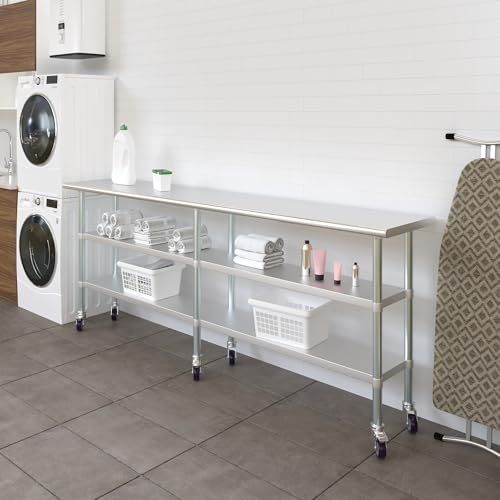 Image of AmGood Stainless Steel Work Table with 2 Shelves and Casters | Metal Utility Table On Wheels (Stainless Steel, 96 inch Long x 18 inch Deep)