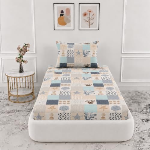 Image of VOMZER Single Size (36x72) 300 TC Soft Cotton Feel Microfiber All Around Elastic Fitted Single Bedsheet with 1 Pillow Cover | Ocean Pacth