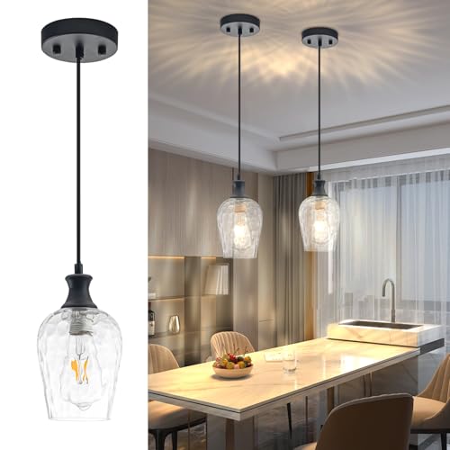 JULiN HOME Glass Pendant Lights Kitchen Island, Farmhouse Black Pendant Light with Clear Hand-Blown Glass Shade, Modern Hammered Glass Hanging Light Fixture for Dining Room Bedroom Hallway Over Sink