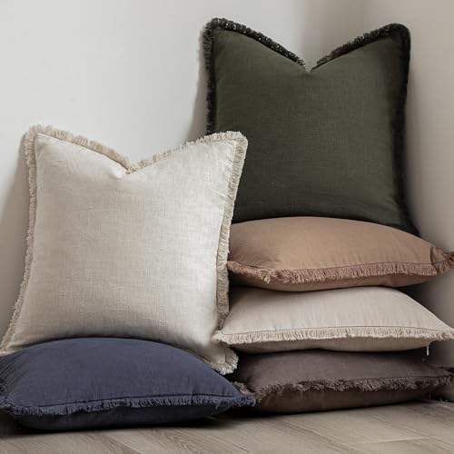 Image of Foindtower Set of 2 Decorative Linen Fringe Throw Pillow Covers Boho Farmhouse Cushion Cover with Tassels Soft Accent Pillowcase for Couch Sofa Bed Living Room Home Decor,26x26 Inch,Dark Olive Green