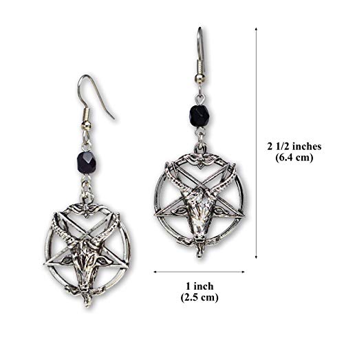 Baphomet Satanic Goat Head Inverted Pentagram Silver Finish Dangle Earrings3