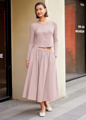 Image of Panadila Womens 2 Piece Lounge Sets Matching Vacation Outfits Ribbed Button Down Cardigan and Elastic Waist Skirt Sets