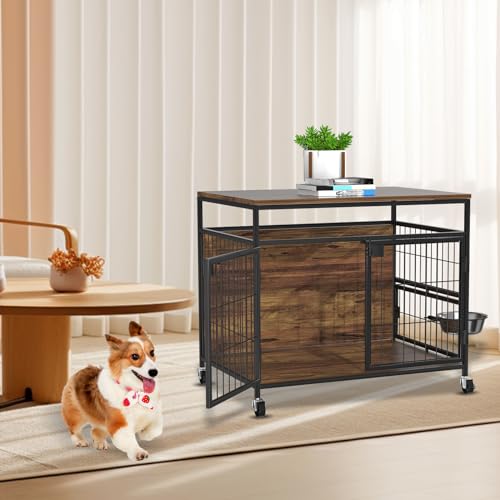 Hundekäfig mit Rädern, Robuster Beistelltisch aus Holz, Hundebox für den Innenbereich für Kleine/Mittelgroße Hunde, Doppeltüren und um 360 Grad Drehbarer Edelstahlnapf, 78,9cm L x 54,8 B x 69,8 H