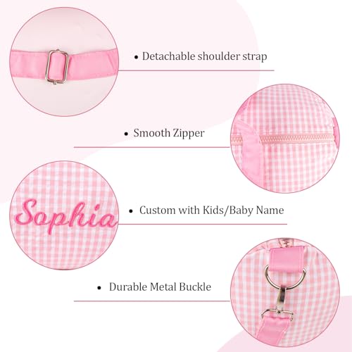 MT WORLD Girls Dance Bag Personalized Duffle Bags for Kids Monogram Seersucker Toddler Overnight Bag Travel Weekender Sleepover Bag with Removable Strap Custom Child Gift (Pink)4