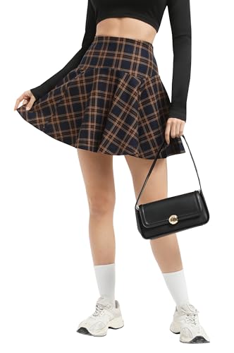 Urban CoCo Women's Vintage Elastic Waist Plaid Flared Mini Skater Skirt3