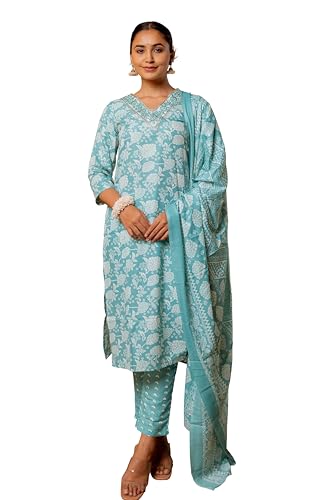 Image of MIRCHI FASHION Women's Straight Fit Pure Cotton Printed Kurta Set with Dupatta and Trouser